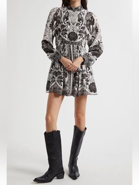 FARM Rio Flower Leopards Long Sleeve Mini Dress Size Large NWT in Off White